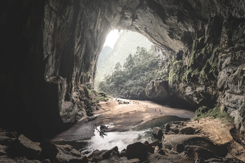 View from deep inside a large cave toward its bright exit, with a sandy floor, rocks and jungle beyond