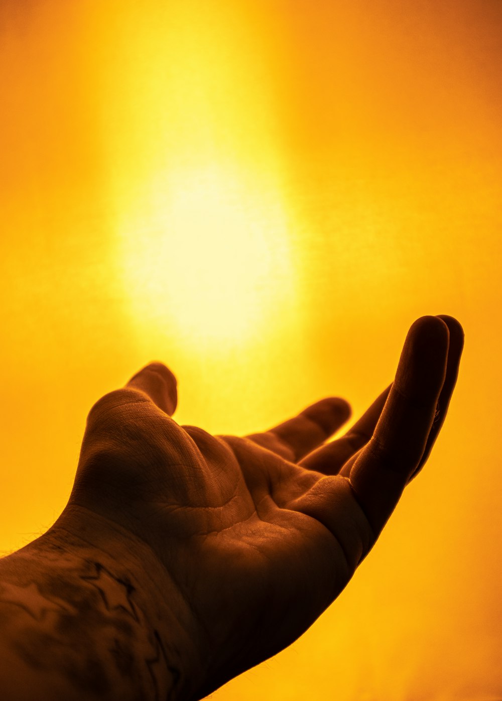a person's hand with a sun in the background