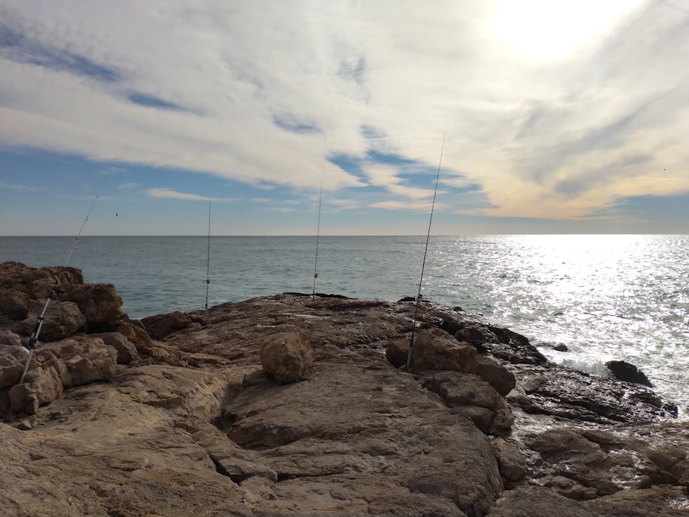 Algunas cañas de pescar están en las rocas junto al agua