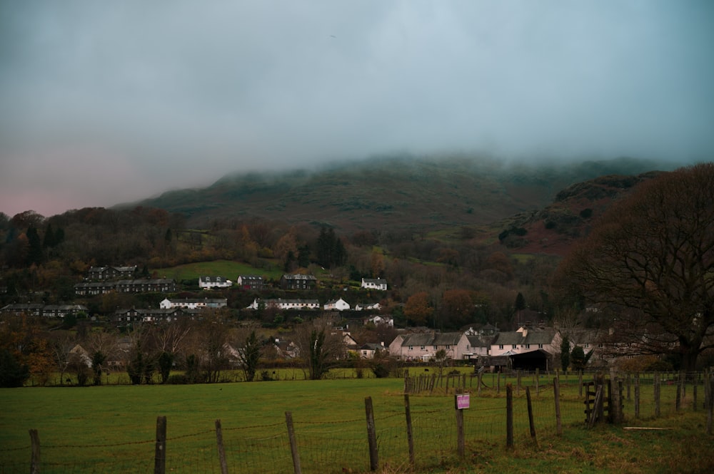 a green field with houses on a hill in the background