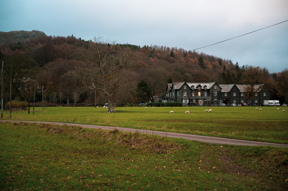 a large house sitting on top of a lush green field