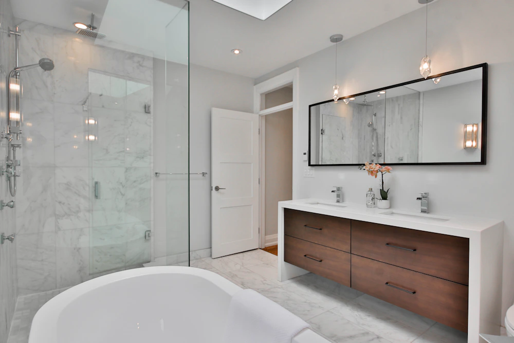 Luxury remodeled bathroom with bathtub and walk-in shower