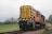 A yellow and black striped diesel locomotive is positioned on a railway track in a rural area. The background features green grass and leafless trees under an overcast sky, suggesting a chilly or early spring day. The engine has an industrial design, with various mechanical details visible.