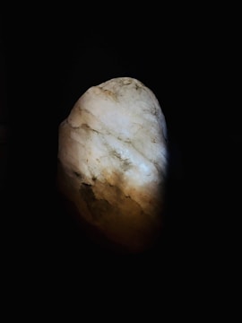 A polished stone with a rough texture is illuminated by a soft light against a dark background. The stone has a mix of light beige, brown, and hints of gray swirls, giving it a weathered appearance.