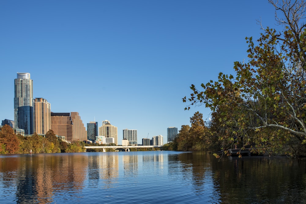 a body of water with a city in the background