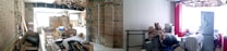 A partially renovated interior space with exposed bricks and beams. The area is cluttered with construction materials, cardboard boxes, and various tools. On the right, there is a small sitting area with a refrigerator, a stuffed animal, and other household items.