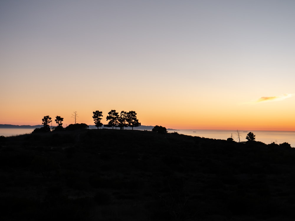 the sun is setting over a hill with trees on it