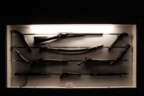 A selection of various firearms displayed in a well-lit showcase.