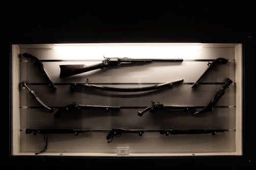 A collection of antique firearms displayed in a glass case. The weapons vary in type and size, including rifles, pistols, and a musket. They are arranged horizontally on different levels of the case, with each firearm supported by brackets.