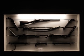 A collection of antique firearms displayed in a glass case. The weapons vary in type and size, including rifles, pistols, and a musket. They are arranged horizontally on different levels of the case, with each firearm supported by brackets.