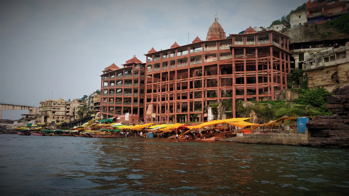 Buildings along the Narmada riverbank at Omkareshwar