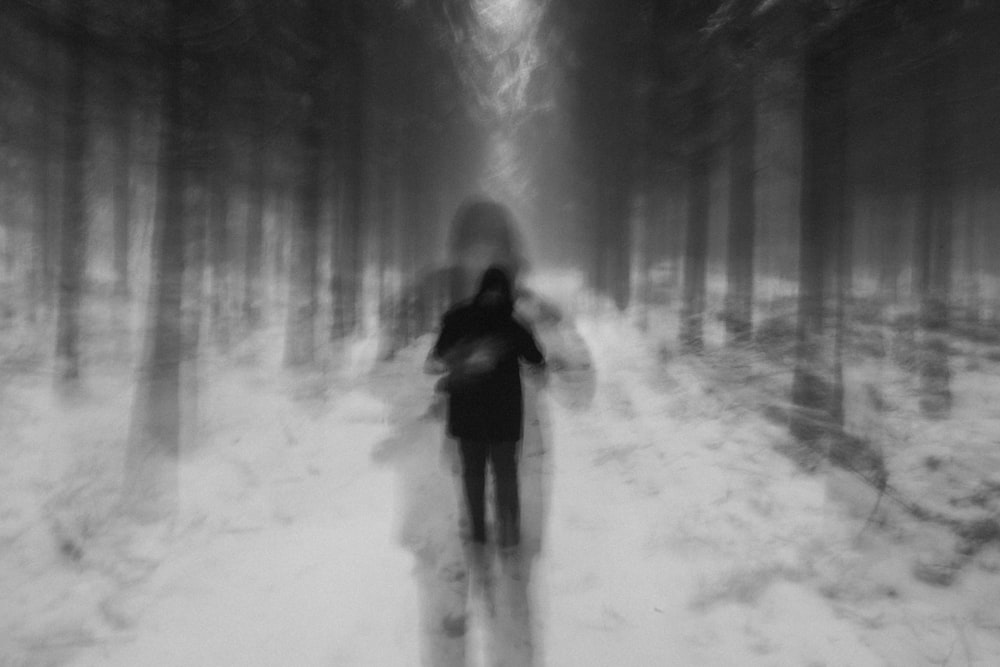 a blurry photo of a person walking in the snow
