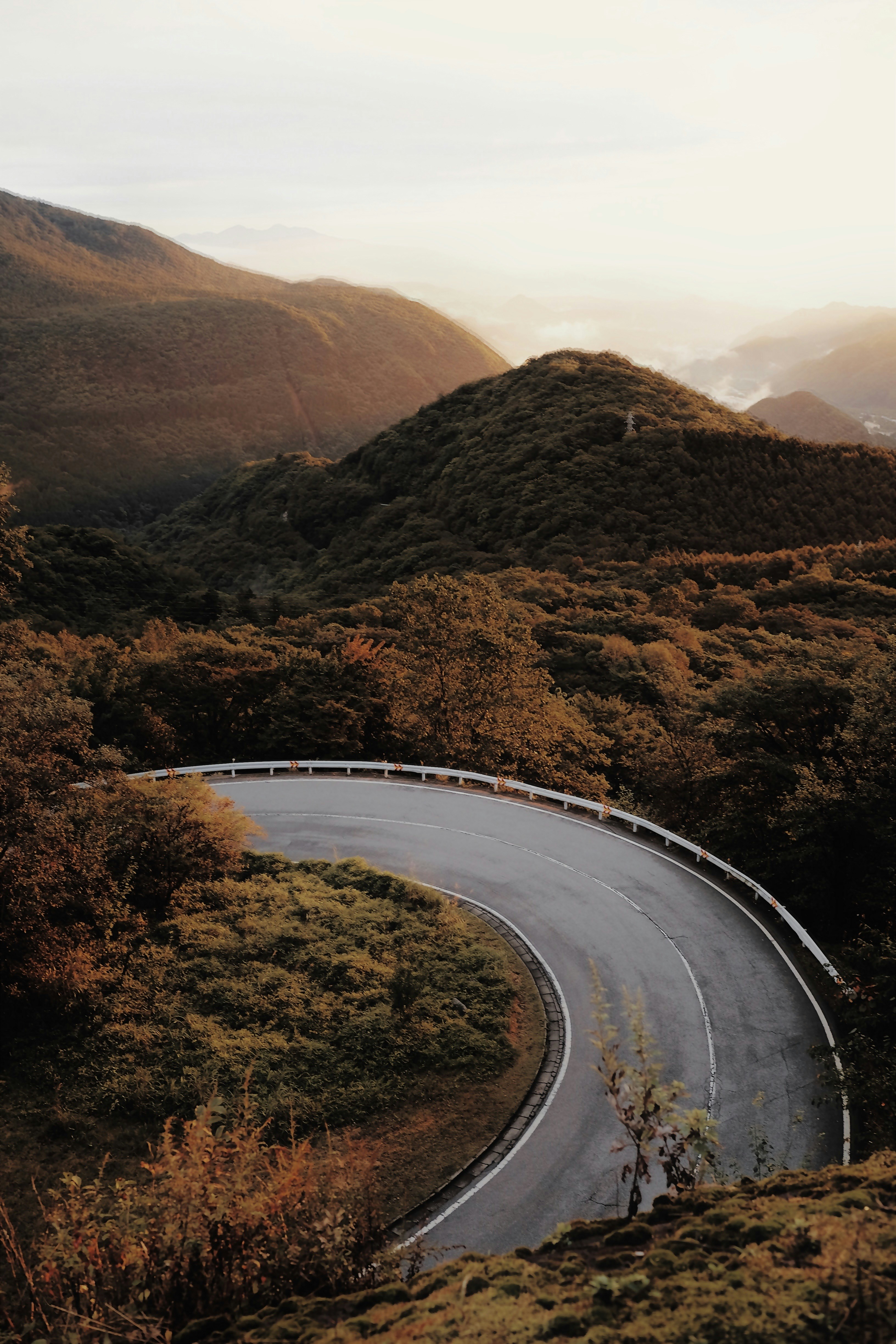 Blue Ridge Parkway mountain road with autumn foliage, misty valleys below, sweeping curves through dense forest