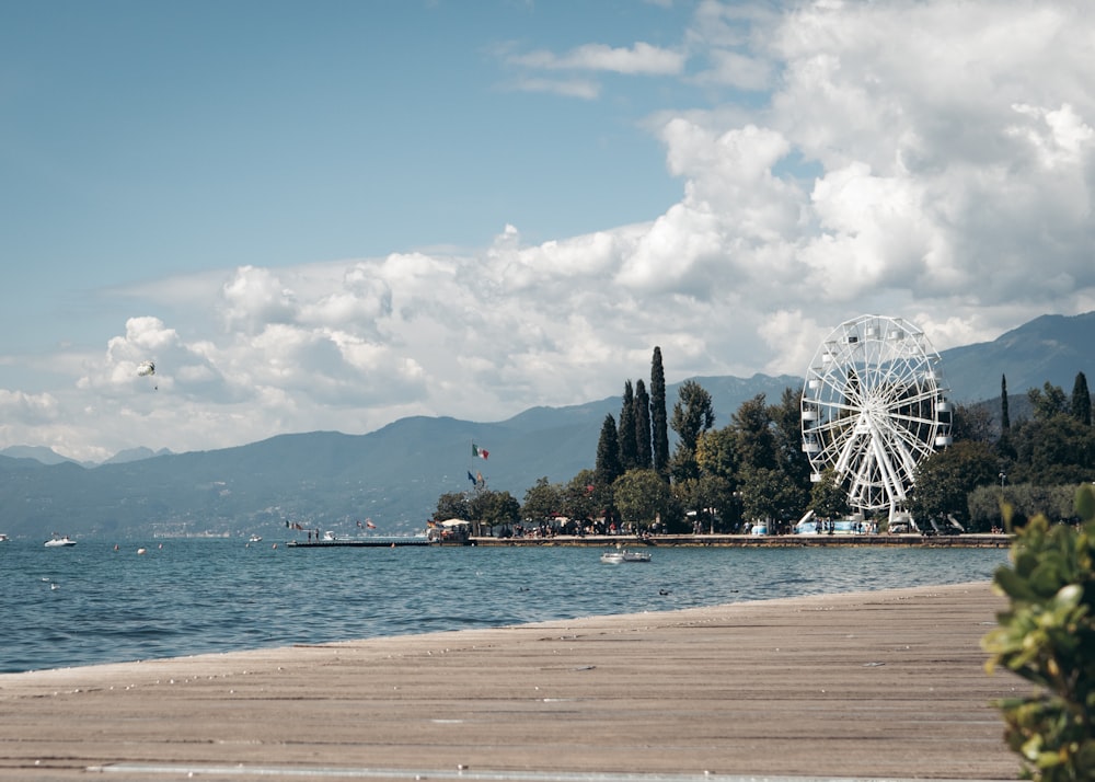 a ferris wheel sitting on top of a wooden pier