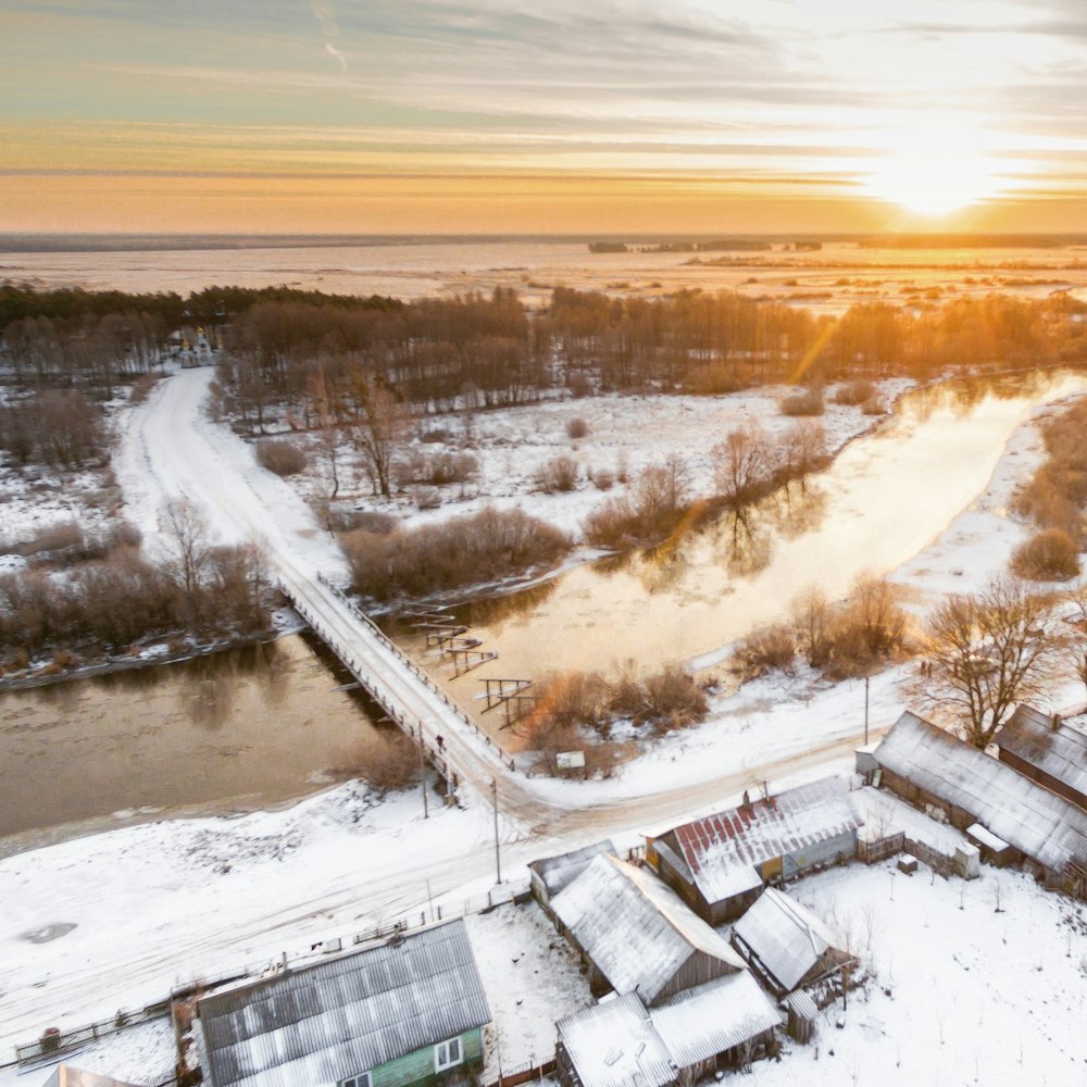 an aerial view of a bridge over a river