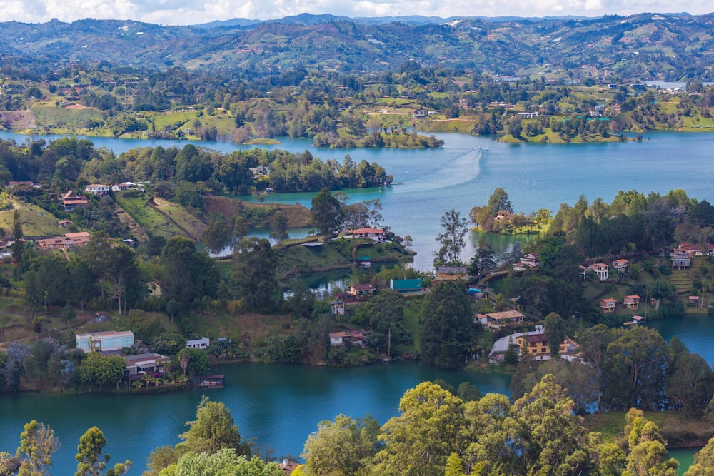 an aerial view of a lake surrounded by trees