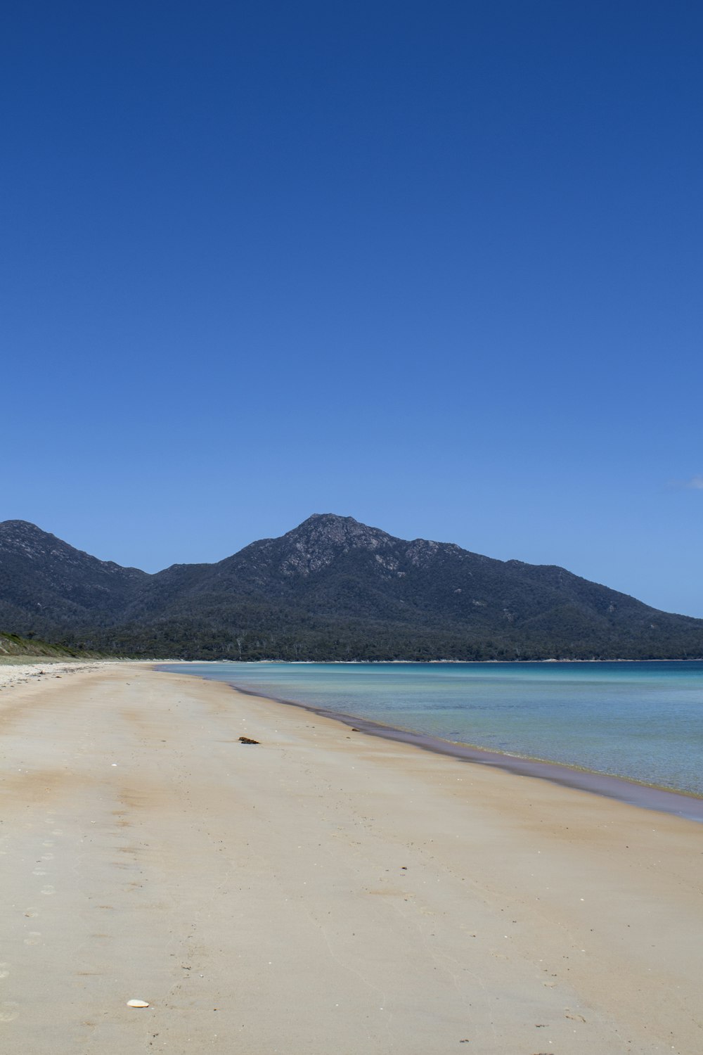 a sandy beach with mountains in the background