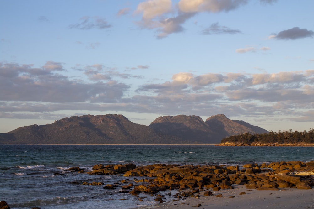 a view of a beach with mountains in the background