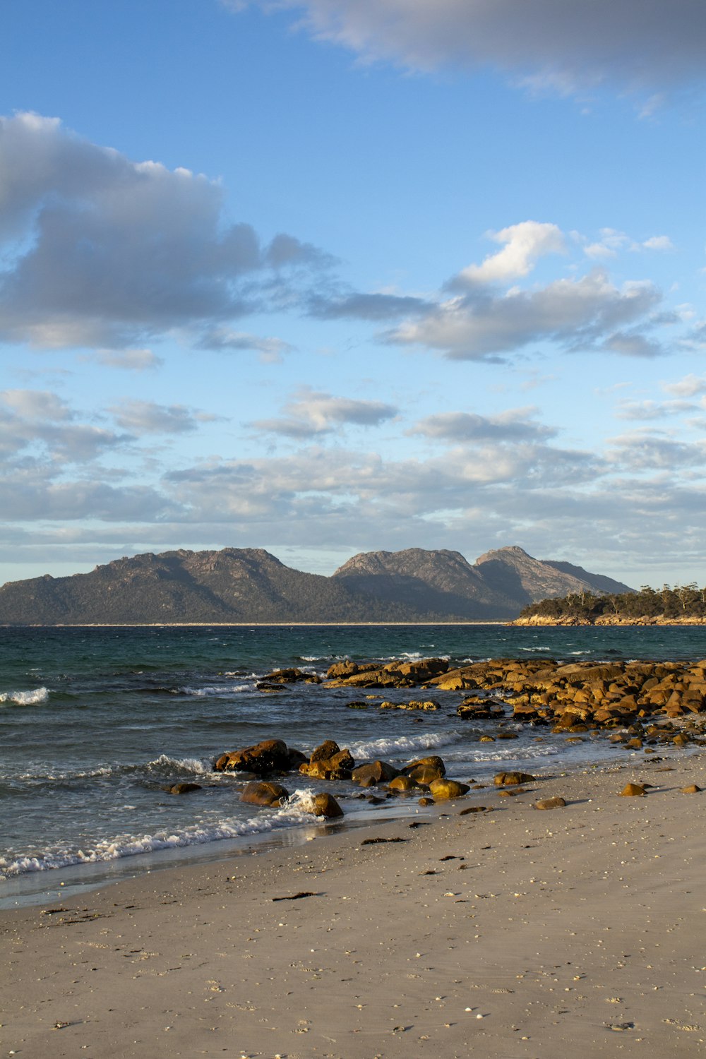 a view of a beach with mountains in the background