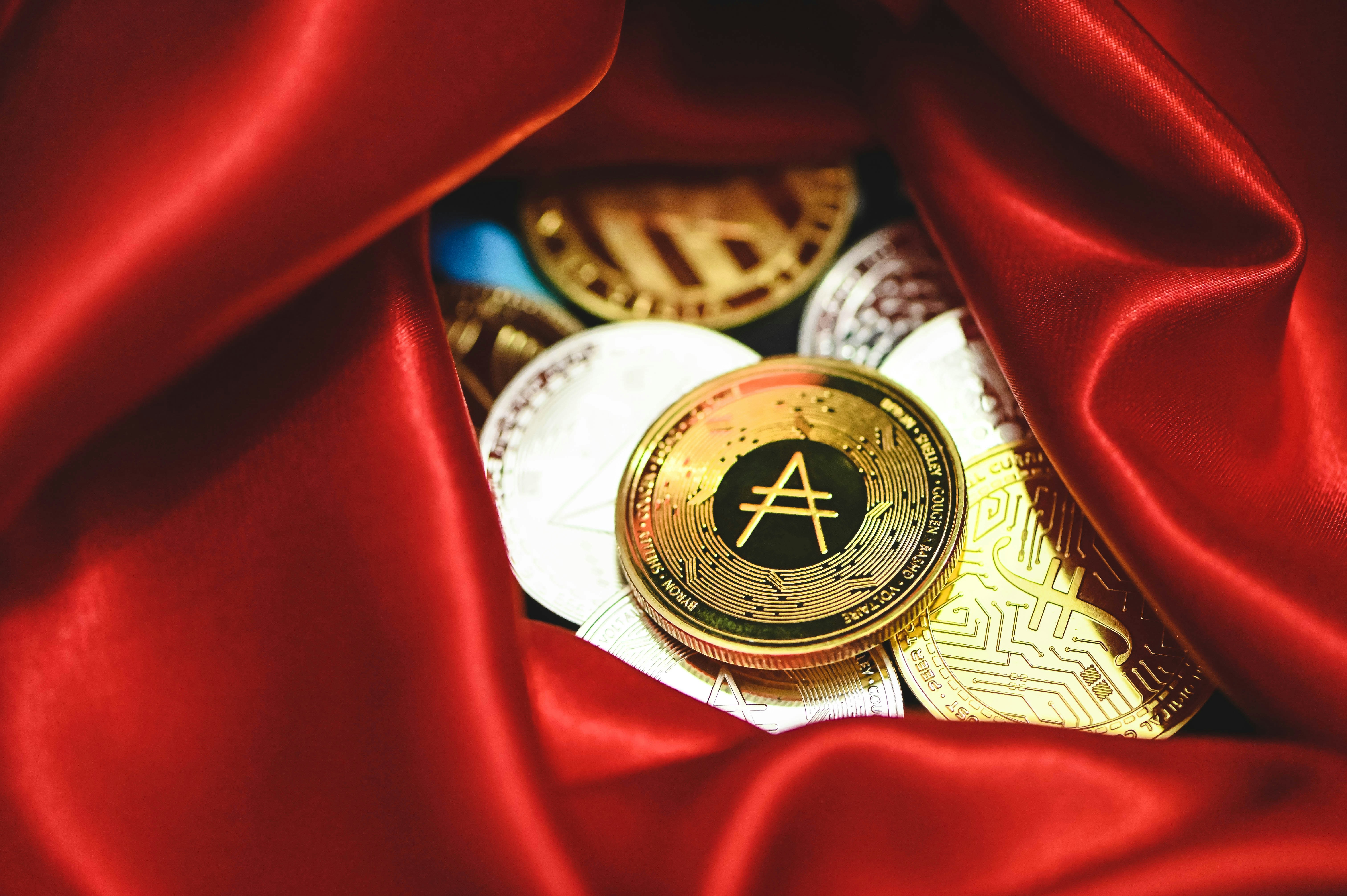 Cryptocurrency Coins on Red Velvet