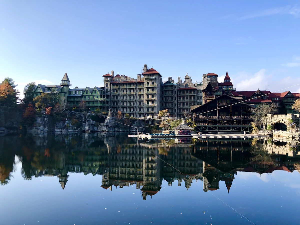 Victorian castle resort overlooking a glacial lake in the Shawangunk Ridge, New York