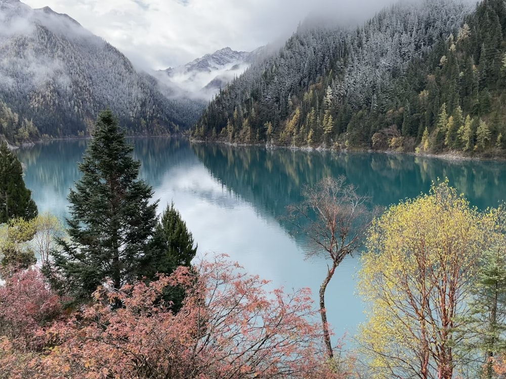 a lake surrounded by mountains and trees