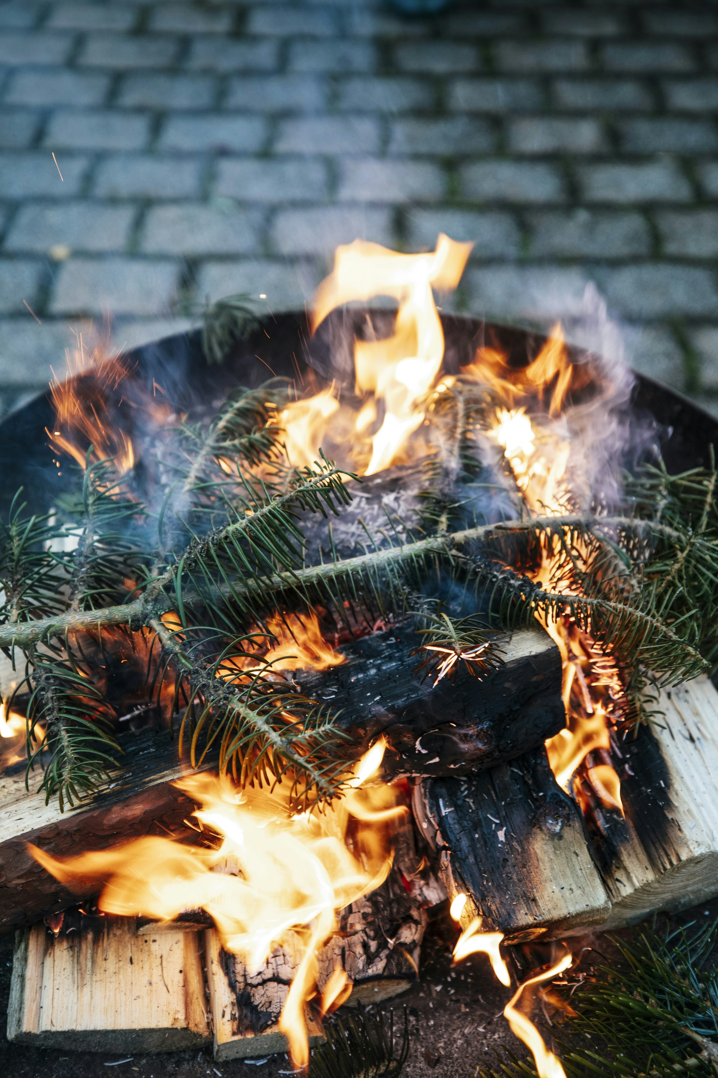 Un pozo de fuego lleno de mucha leña en llamas