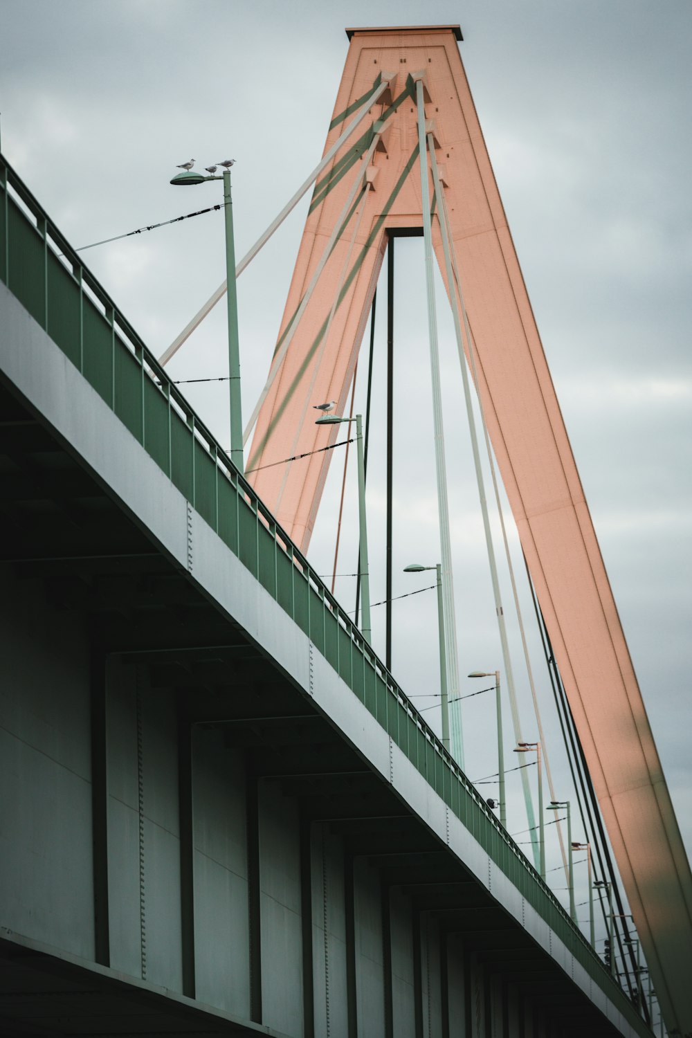 a tall bridge with a traffic light on top of it