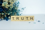 Wooden Scrabble tiles spell out the word 'TRUTH', placed on a surface with a background of dried flowers, including blue and beige tones.
