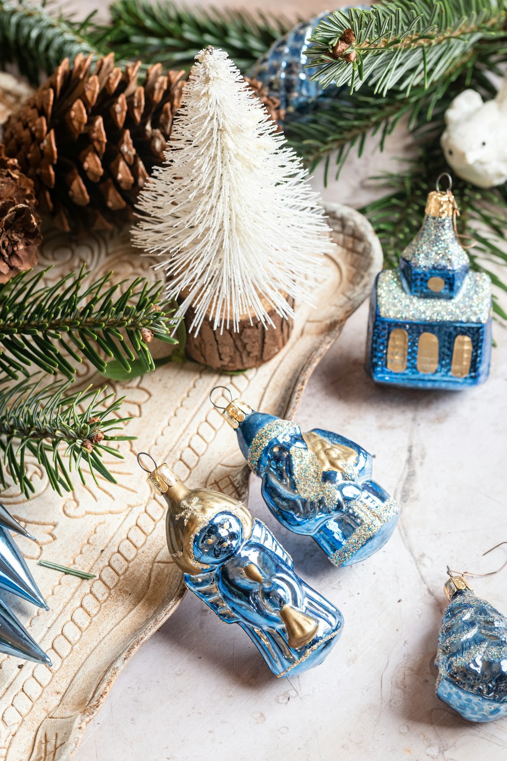 a close up of ornaments on a table