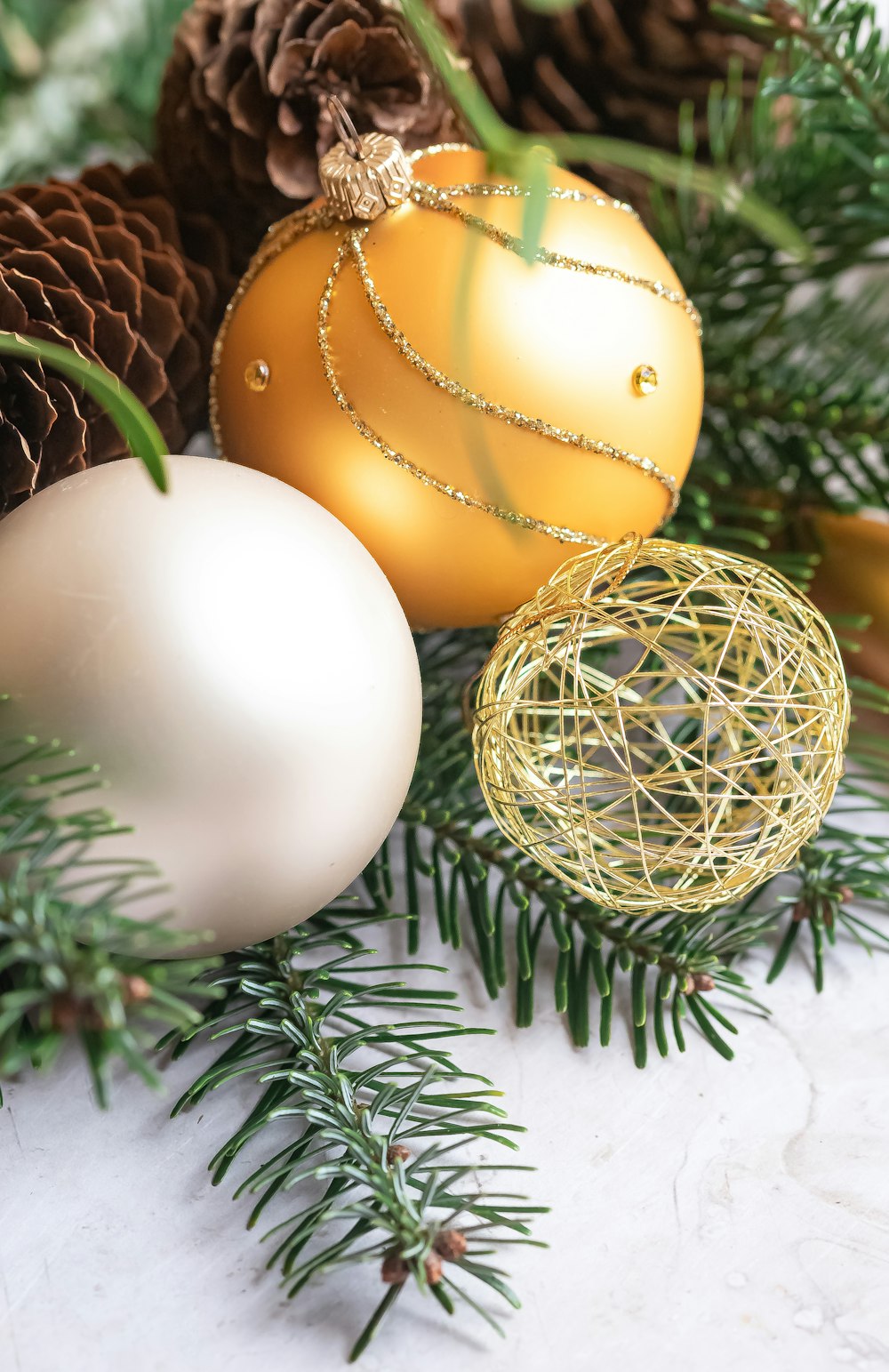 a close up of christmas ornaments on a table