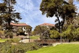 A serene landscape featuring an outdoor academic setting with large trees, lush green grass, and classic architectural buildings with red-tiled roofs. A wooden bridge and a lamp post are visible in the foreground, while people walk along the path, enjoying the sunny day.