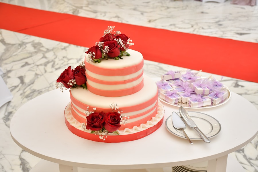 A tiered celebration cake on a table