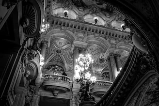 Elegant monochrome shot of a grand hallway with custom architectural detailing and ambient lighting.