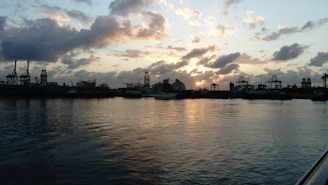 A scenic view of the Batam shipyard at sunset.