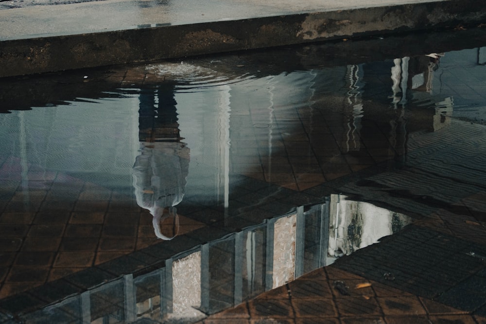 a reflection of a building in a puddle of water