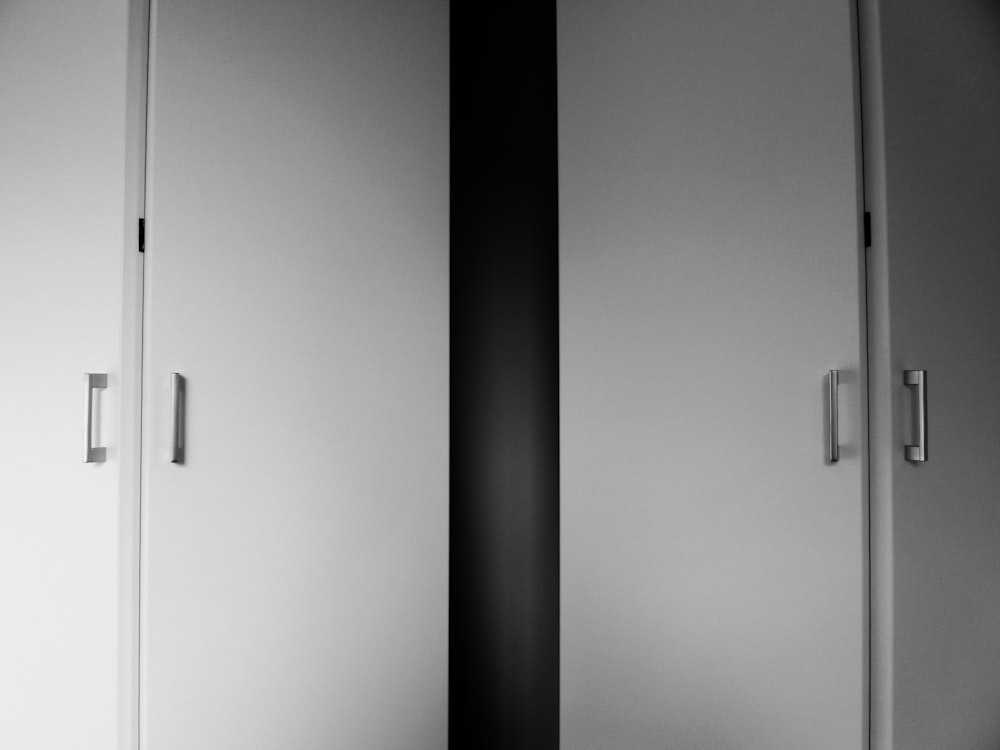 a black and white photo of two doors