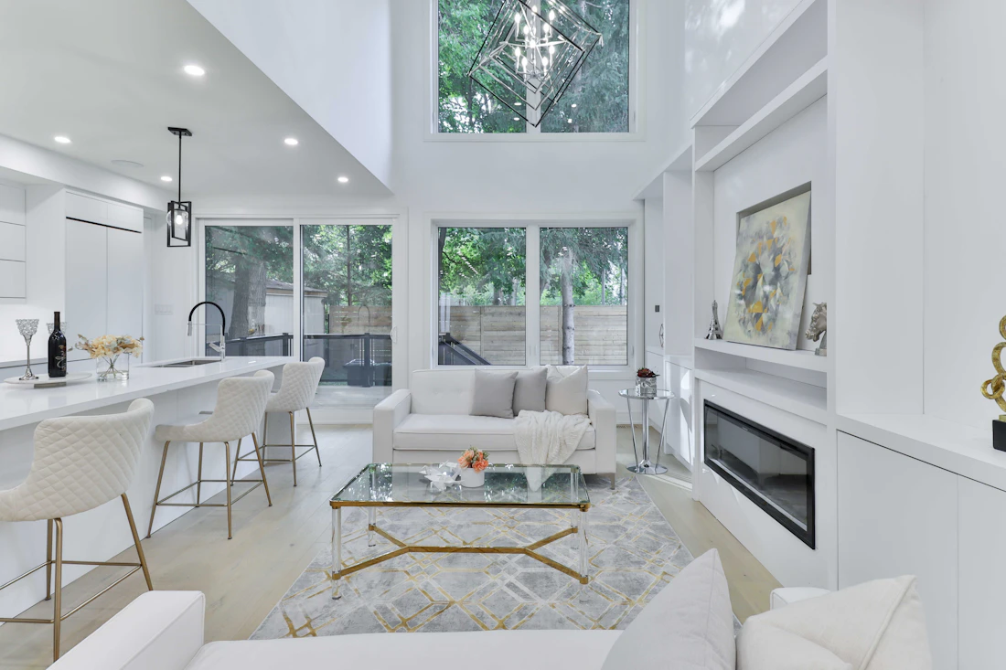Luxury living room with full-height curtains and a fireplace