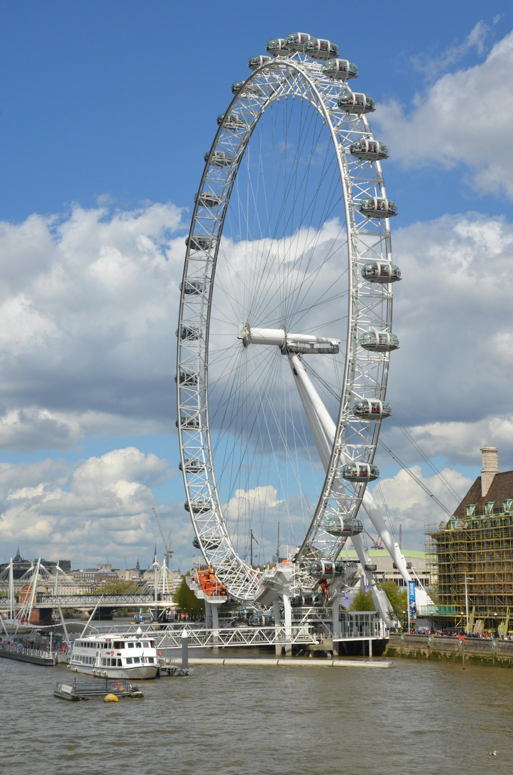 a large ferris wheel sitting on the side of a river