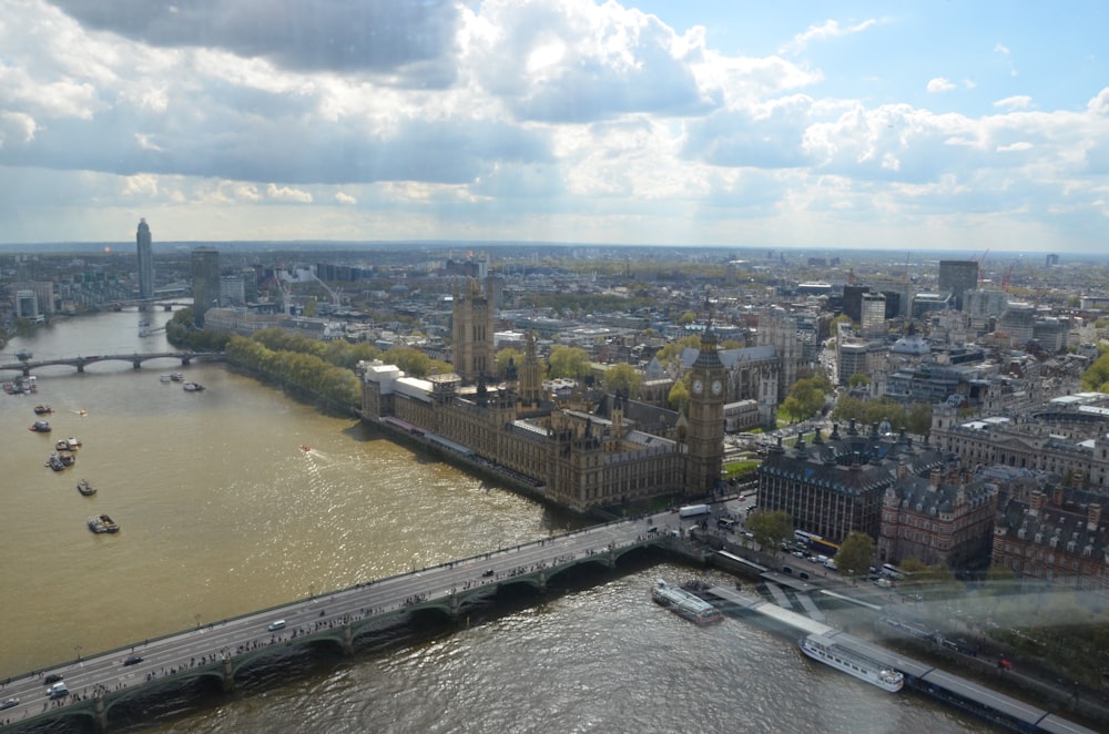 an aerial view of a river and a bridge