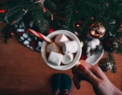 a person holding a cup of hot chocolate with marshmallows