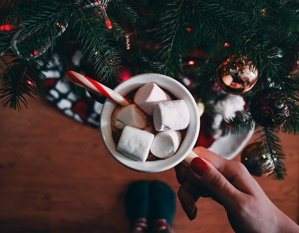 a person holding a cup of hot chocolate with marshmallows