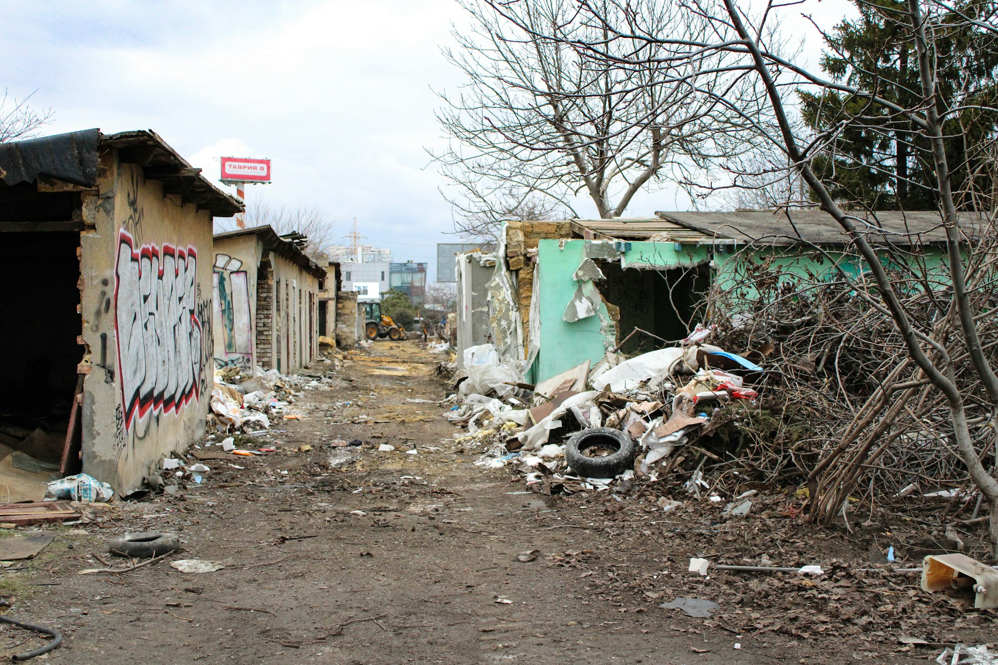Street with ruined houses