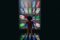 A blurred toy figure stands facing a smartphone screen filled with app icons, creating a surreal effect. The apps appear stretched and give a sense of being drawn towards the screen.