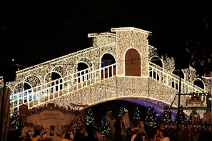 A bridge is beautifully decorated with numerous small white lights, creating a festive and enchanting atmosphere. Below the bridge, a crowd of people is gathered, surrounded by illuminated trees and structures.