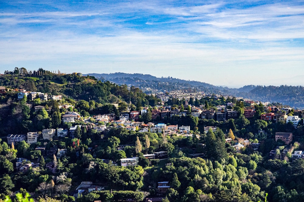 a view of a city on a hill with lots of trees