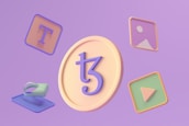 A 3D illustration featuring a large coin with a stylized symbol in the center surrounded by various floating icons. These include a letter T on a square background, an image icon, a play button, and a virtual reality headset. The background is a soft purple hue.