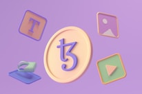 A 3D illustration featuring a large coin with a stylized symbol in the center surrounded by various floating icons. These include a letter T on a square background, an image icon, a play button, and a virtual reality headset. The background is a soft purple hue.