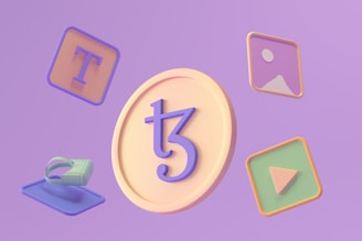 A 3D illustration featuring a large coin with a stylized symbol in the center surrounded by various floating icons. These include a letter T on a square background, an image icon, a play button, and a virtual reality headset. The background is a soft purple hue.