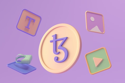 A 3D illustration featuring a large coin with a stylized symbol in the center surrounded by various floating icons. These include a letter T on a square background, an image icon, a play button, and a virtual reality headset. The background is a soft purple hue.